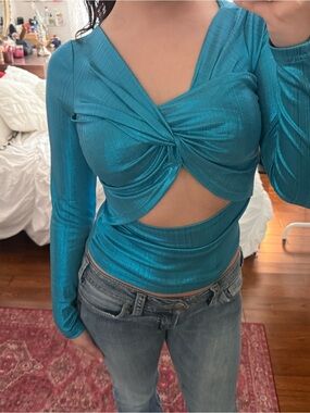 Shimmery Teal Twist-Front Long Sleeve Top
